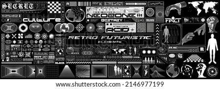 Big collection of retro futuristic elements for design. Abstract set of frames, 3d shapes, wireframe, cyberpunk windows and perspective grids. Blanks for a poster, banner, business card, sticker Foto stock © 