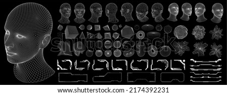 Retro futuristic design elements. 3D wireframe shapes, cyberpunk windows and distorted grid, high and low poly human heads. Vector blanks for a poster, banner, business card, sticker Foto stock © 