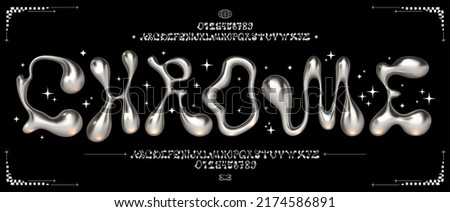 Chrome Y2K font. Liquid metal alphabet, melted steel letters and funky numbers. Glossy 3D flux typeface vector set Foto stock © 