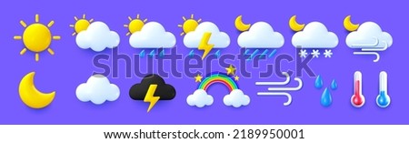 Weather icons. 3D elements for weather forecast. Thunderstorm and lightning, rain and showers, cloud and rainbow, drops and wind, cold and warm thermometer. Vector symbols