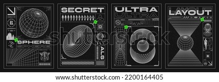 Retro futuristic posters with 3D wireframes of spheres and torus. With perspective grid, space, and spaceship. Isolated on black background