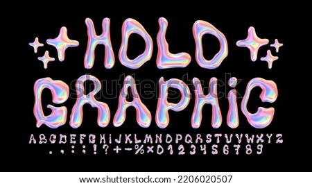 Liqud holo font. Iridescent alphabet, holographic numbers and melted letters 3D vector set