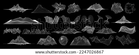 Abstract geometric elements for design. Futuristic 3D wireframe shapes, mountains and slopes. Vector blanks for posters, business cards, banners, stickers