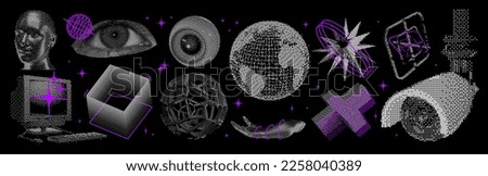 Graphic elements for design. Universal abstract geometric shapes with dither effect, retro futuristic pixelated objects. 3D star, human head, surveillance camera, eyes. Vector bitmap set