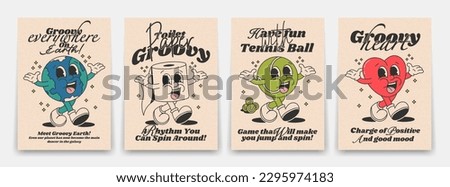 Collection of bright groovy posters 70s. Retro poster with funny cartoon walking characters, planet earth, toilet paper, tennis ball, heart, vintage prints, isolated