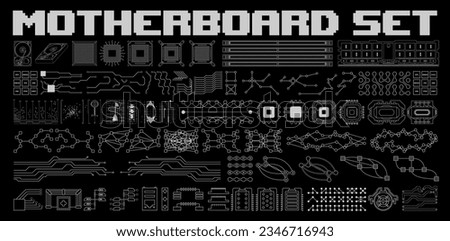 Graphic elements motherboard. Computer system, including a processor, a memory chip, internal connections. Vector graphics set