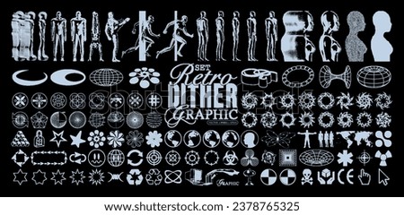 Retro futuristic abstract dither bitmap graphic elements. Pixel people with blur, 3D wireframe elements, gothic y2k sharp spikes with bones,  universal shapes for creating poster. Vector set