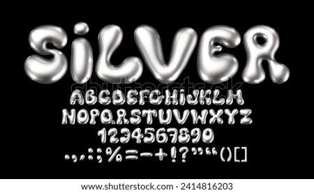 Glossy metallic silver font. Inflated alphabet, 3D ballon letters and numbers. Vector seta