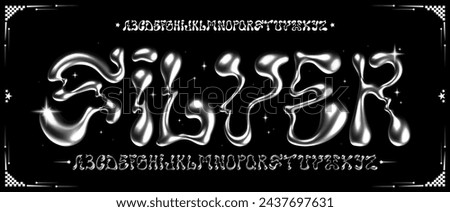 Glossy metallic silver font. Liquid metal Inflated alphabet, 3D ballon letters. Vector typeface set