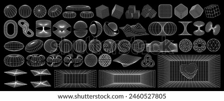 Retro futuristic design elements. 3D wireframe shapes, high and low poly meshes. Vector blanks for a poster, banner, business card, sticker