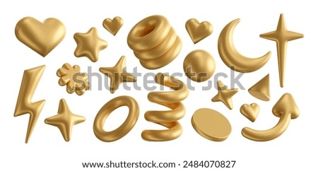 Gold 3D shapes. Golden spark and star shape, geometric heart, moon, lightning bolt and arrow. Isolated spring spiral, ring, circle plate and sphere renders. Vector set