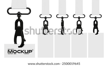 Badge mockup with a lobster clasp. Black metallic clasp with a white lanyard, empty ID cards hanging on ribbons. Isolated realistic set 3D vector template