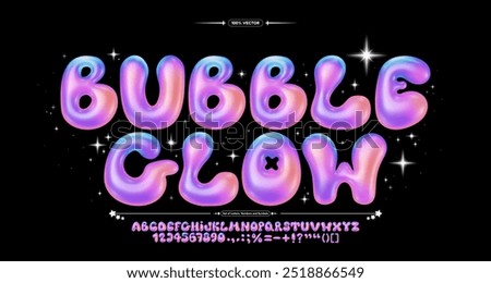 Glossy gradient bubble font. Inflated alphabet, 3D colorful ballon letters and numbers. Vector set