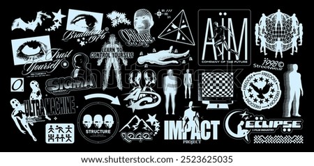 Brutalism graphic elements. Retro-futuristic 3D grunge shapes for design, geometric universal shape for merch, fake logo with silhouette of people. Vector set