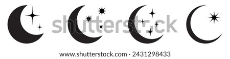 Moon crescent icon set. Half moon filled vector icon sign symbol. Half moon, crescent with star, night sky background. Vector Illustration