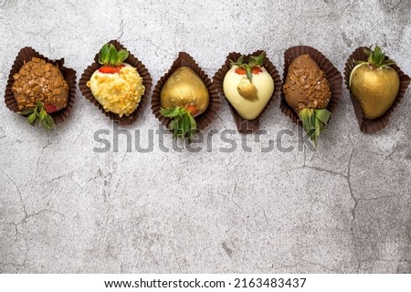 Fresh strawberries assorti covered in chocolate.Food banner with place for text Photo stock © 