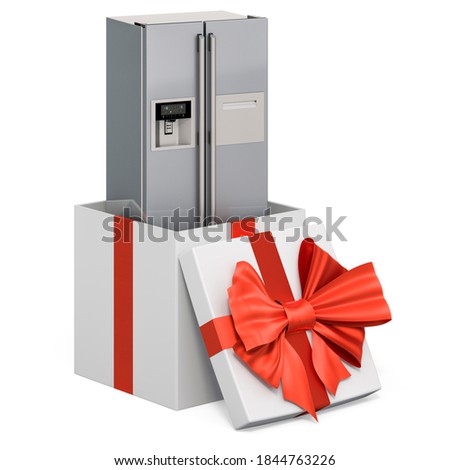 Double Door Refrigerator inside gift box, gift concept. 3D rendering isolated on white background