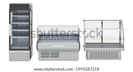 Commercial refregeration equipment. Curved glass refrigerated display case for bakery, deli display case and swing glass door merchandiser refrigerator. 3D rendering isolated on white background Foto stock © 