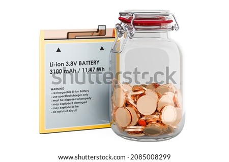 Phone battery  with glass jar full of golden coins, 3D rendering isolated on white background Imagine de stoc © 