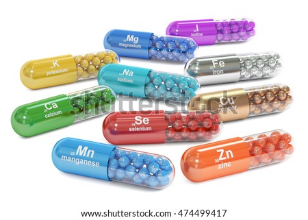 Capsules with Mn, Ca, K, Se, Zn, Cu, Fe, Mg, I, Na element dietary supplement, 3D rendering isolated on white background Stock foto © 