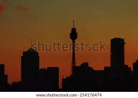 skyline of Sydney, Australia with the Sydney Tower at sunset