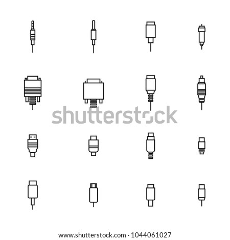 Set of different video and audio plugs of thin lines isolated on white background. Elements of design of computer accessories and digital devices, vector illustration.