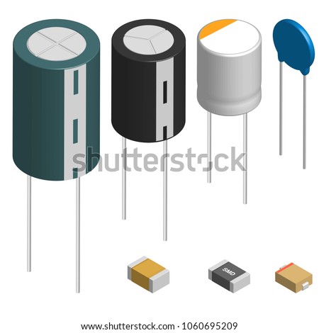 Set of capacitors of different shapes isolated on white background. Elements design of electronic components. 3D isometric style, vector illustration.