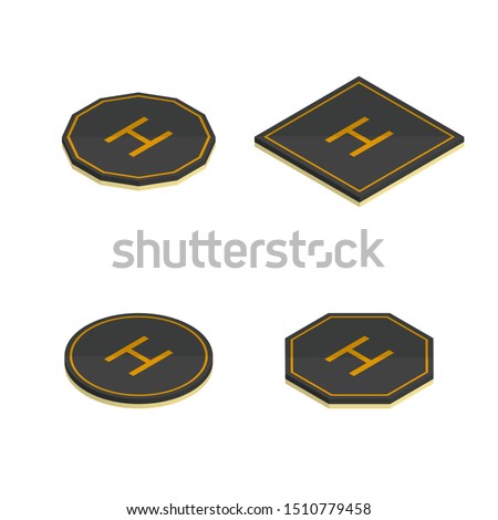 Set of various helipad icons isolated on white background. Flat 3D isometric style, vector illustration.