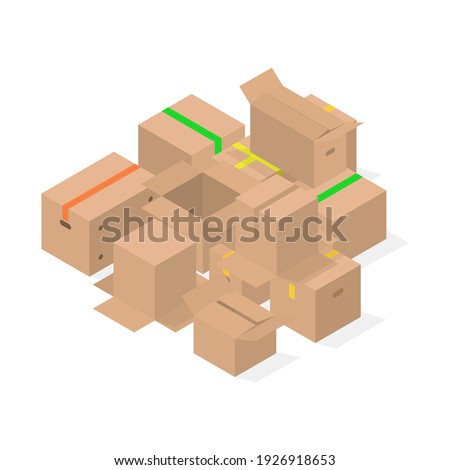 Bunch of cardboard boxes isolated on white background. Packaging design elements. Flat 3D isometric style, vector illustration.