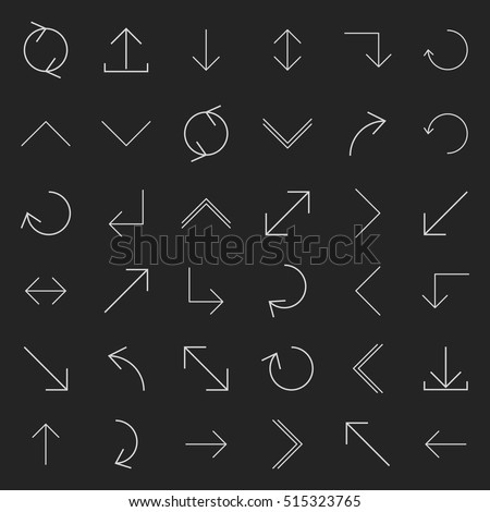 Set of arrows and pointers of various forms of thin lines, isolated on black background, vector illustration.