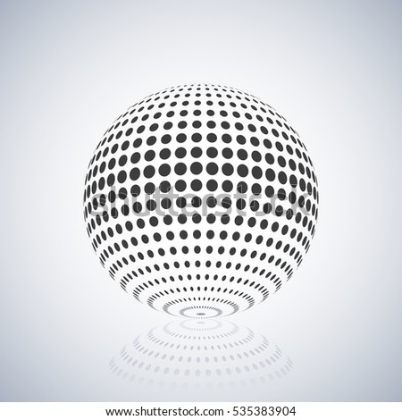Gray sphere with halftone fill and mirror reflection, isolated on white background, vector illustration.