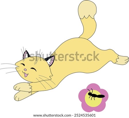 A contented yellow beige cat with a fluffy tail runs past a pink flower on which an ant sits, stock vector