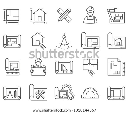 Simple Set of blueprint Related Vector Line Icons. Contains such Icons as scheme, sketch, projection, real estate, project, design, house prototype, layout and more.