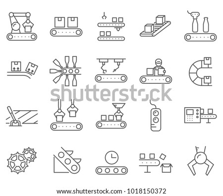 Simple Set of Assembly line Related Vector Line Icons. Contains such Icons as production, equipment, robots, automation, machinery, production line, workshop, factory and more.