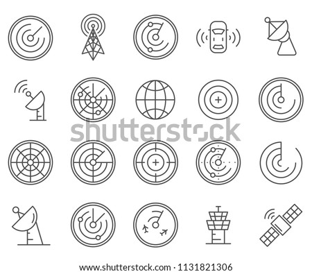 Set of radar Related Vector Line Icons. Includes such Icons as signal, waveform, wave,  satellite dish and more.