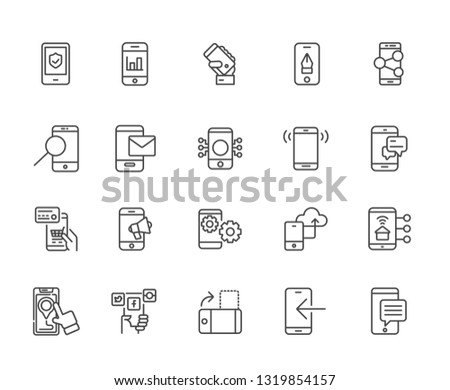 Set of smartphone function Related Vector Line Icons. Includes such Icons as communication, clock, technology, synchronization, notification, message, call, payment, social networks, sending