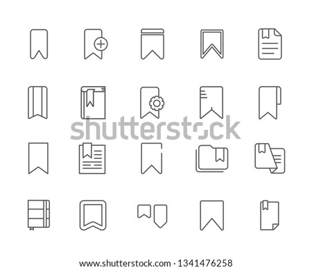 Set of Bookmark tag Related Vector Line Icons. Includes such Icons as book, bookmark, reference, setting, memory, paper, Chapter, paragraph, documents, notebook, note