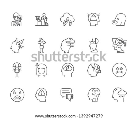 Set of stress Related Vector Line Icons. Includes such Icons as work, nerves, fatigue, loads, mood, emotions, headache, drowsiness, sadness, illness, mind, idea, creative, sceince - vector
