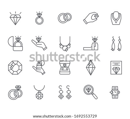 Set of jewelry Related Vector Line Icons. Includes such Icons as ring, bracelet, earrings, diamond, necklace and more.