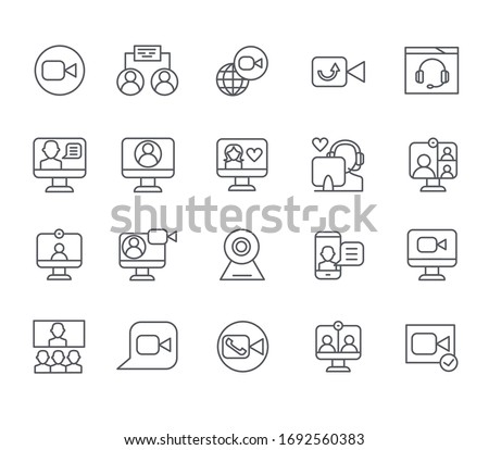 Set of video call Related Vector Line Icons. Includes such Icons as video camera, video call, online interview, online chat, webcam and more.
