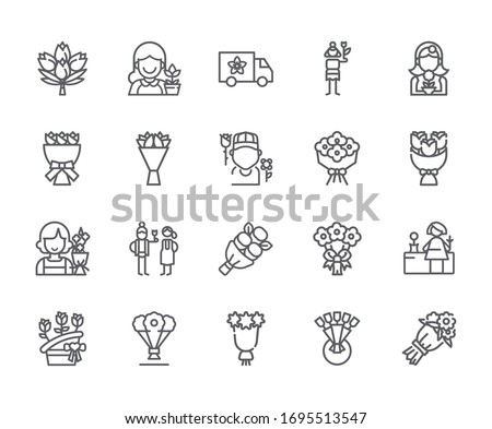 Set of bouquet Related Vector Line Icons. Includes such Icons as flower delivery, florist, roses, flower shop and more. - vector