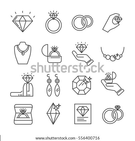 Set of jewelry Related Vector Line Icons. Includes such Icons as diamond, ring, wedding ring, bracelet, earrings, necklace, jeweler, jewel
