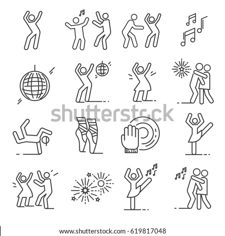 Set of dancing Related Vector Line Icons. Includes such Icons as disco, dance, ballet, music, breakdancing, fireworks, slow dance, discolor