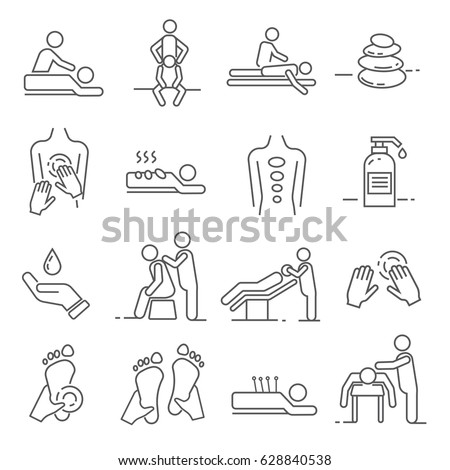 Set of massage Related Vector Line Icons. Includes such Icons as massage salon, massage therapist, therapy, health, treatment, Spa, relaxation