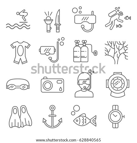 Set of diving Related Vector Line Icons. Includes such Icons as sea, ocean, snorkeling, fins, scuba, scuba diver