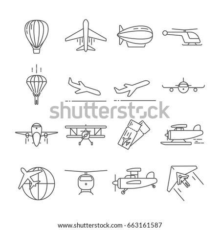 Set of air transport Related Vector Line Icons. Includes such Icons as airplane, helicopter, balloon, sky, maize, parachute, takeoff, landing, ticket