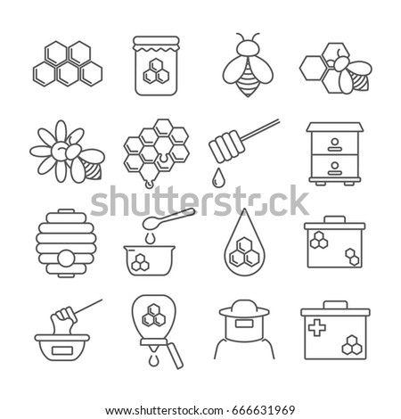 Set of honey Related Vector Line Icons. Contains such icon as bee, honeycomb, bee swarm, beekeeper, sweets, nectar