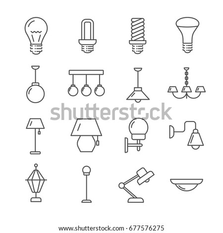 Set of lamps Related Vector Line Icons. Includes such icons as bulb, lights, lantern, light,  chandelier