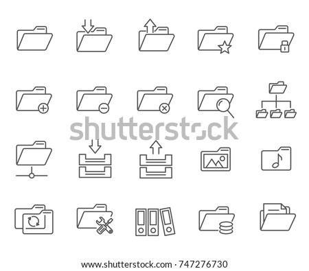 Set of folders Related Vector Line Icons. Contains such Icons as open and security folder, interface, documents, local area networks, transmission and storage of data and more.