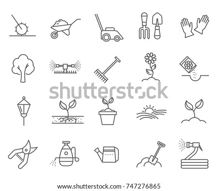 Set of landscaping Related Vector Line Icons. Includes such Icons as plants, horticulture, lawn, trees, gardening and more.